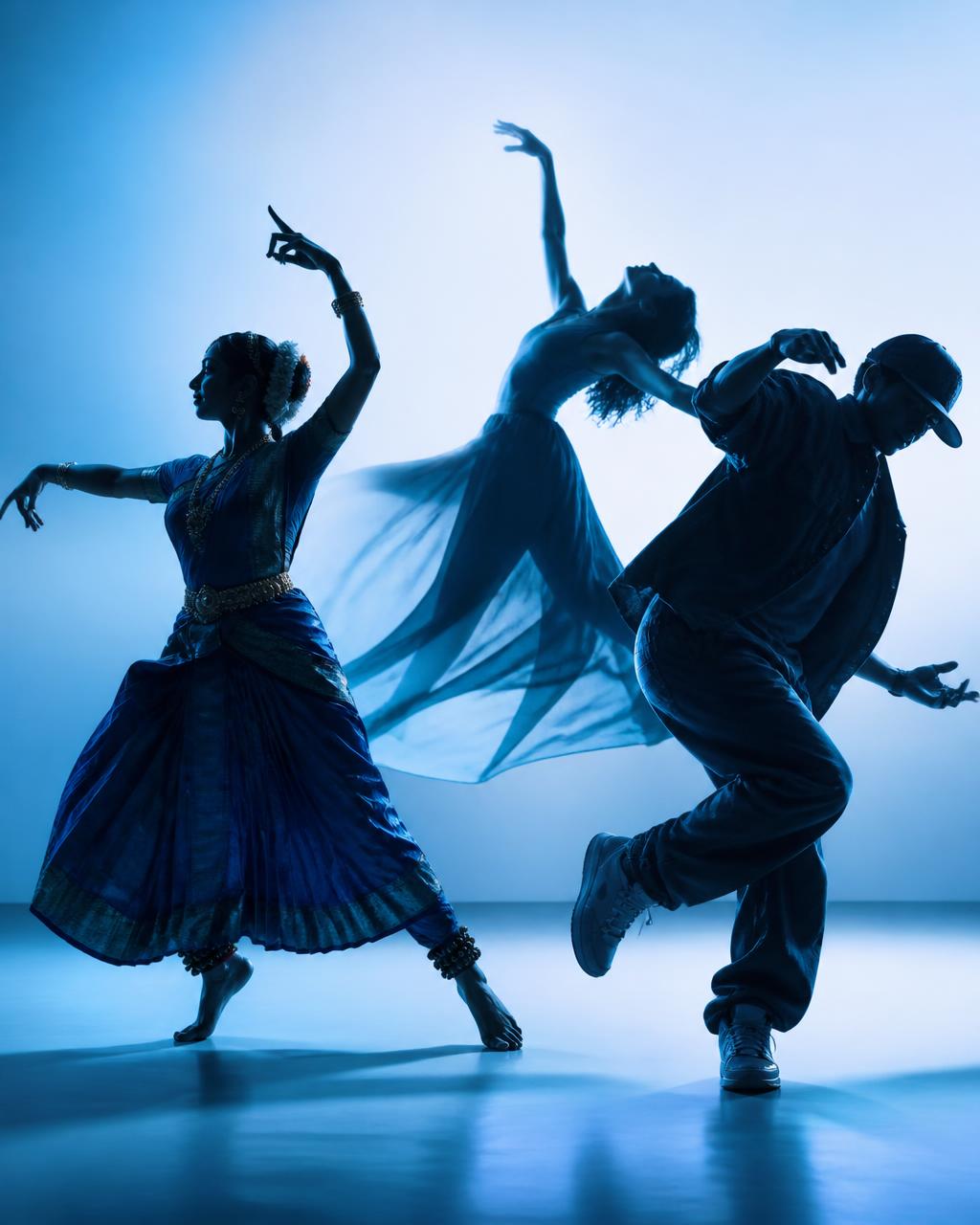 Classical, contemporary and hip hop dancers mid-motion at Footlights Dance School